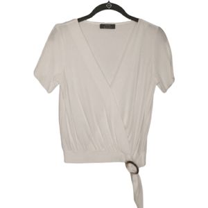 BERSHKA Off-White Ribbed O Ring Short Sleeve Faux Wrap Small Top